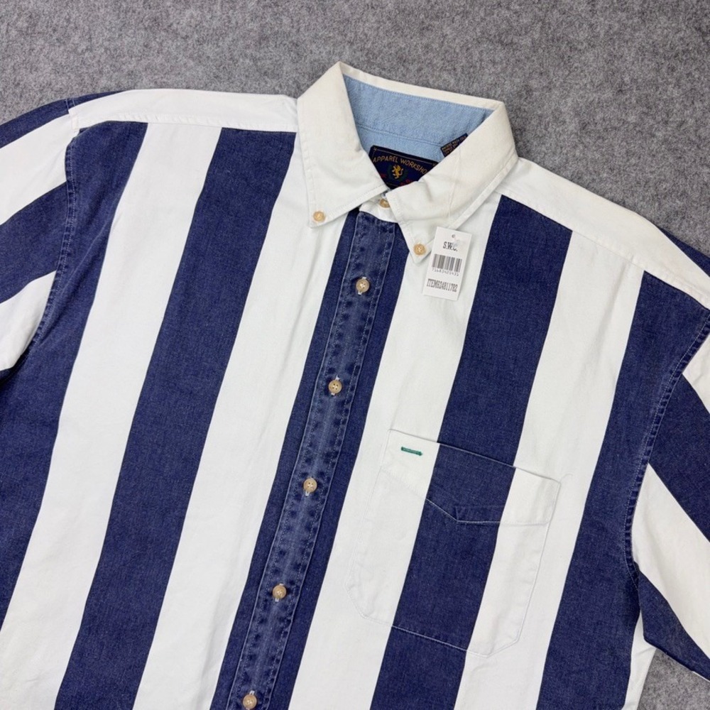 VTG Apparel Workshop Shirt Men Large Blue White Striped Cotton Button Up 90s NEW